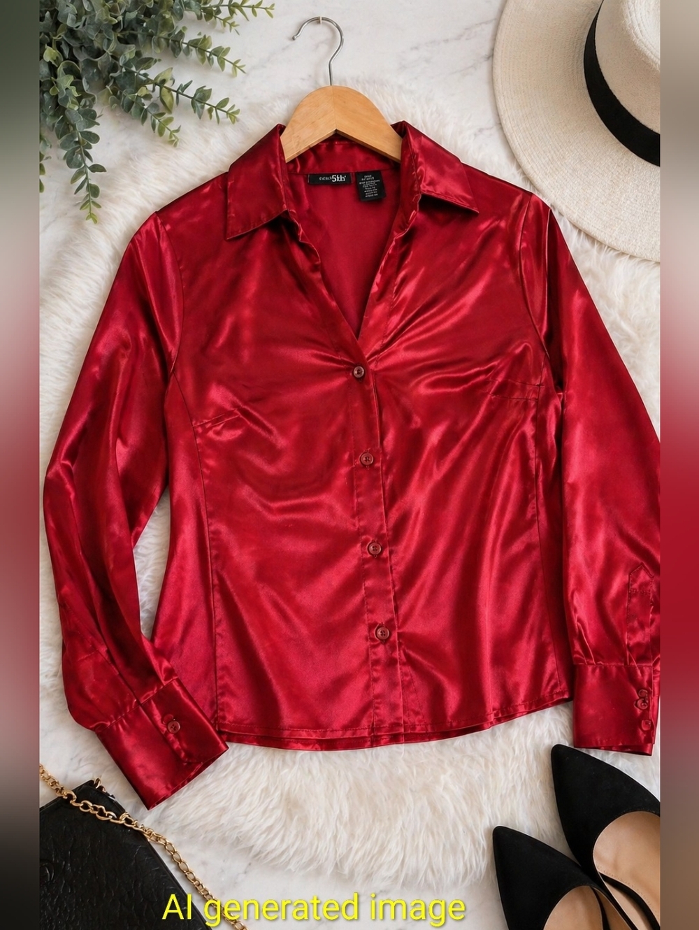 East 5th Petite Red Satin Blouse Size 12P | Button-Up Silky Top | Classic Collar